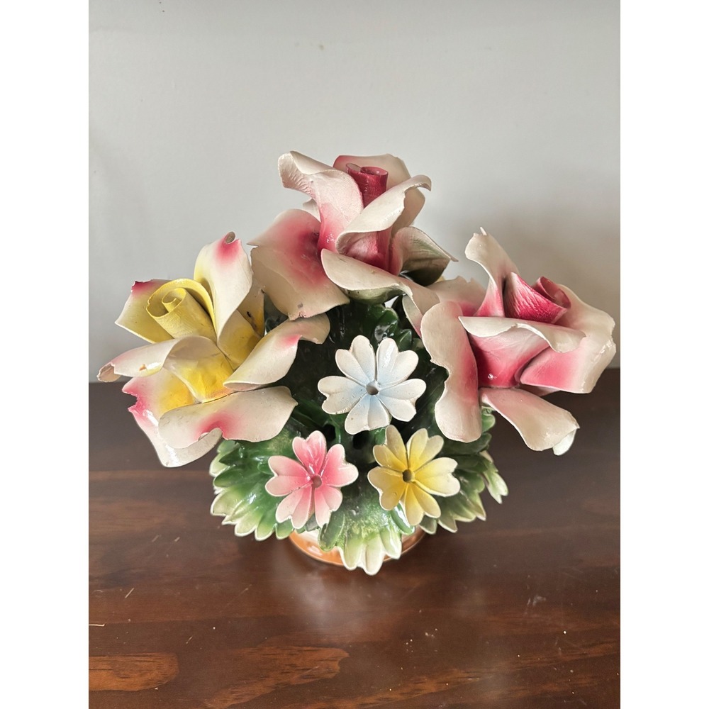 Vtg Capodimonte Italian Porcelain Floral Bouquet Roses Basket Figurine